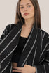 Striped coat with draped collar and long sleeves